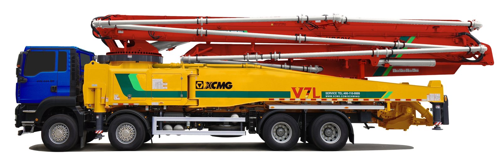 XCMG 徐工 XS58 混凝土泵浦車（幫浦車、俗稱灌漿車）側面，六節 RZ 折疊臂架
