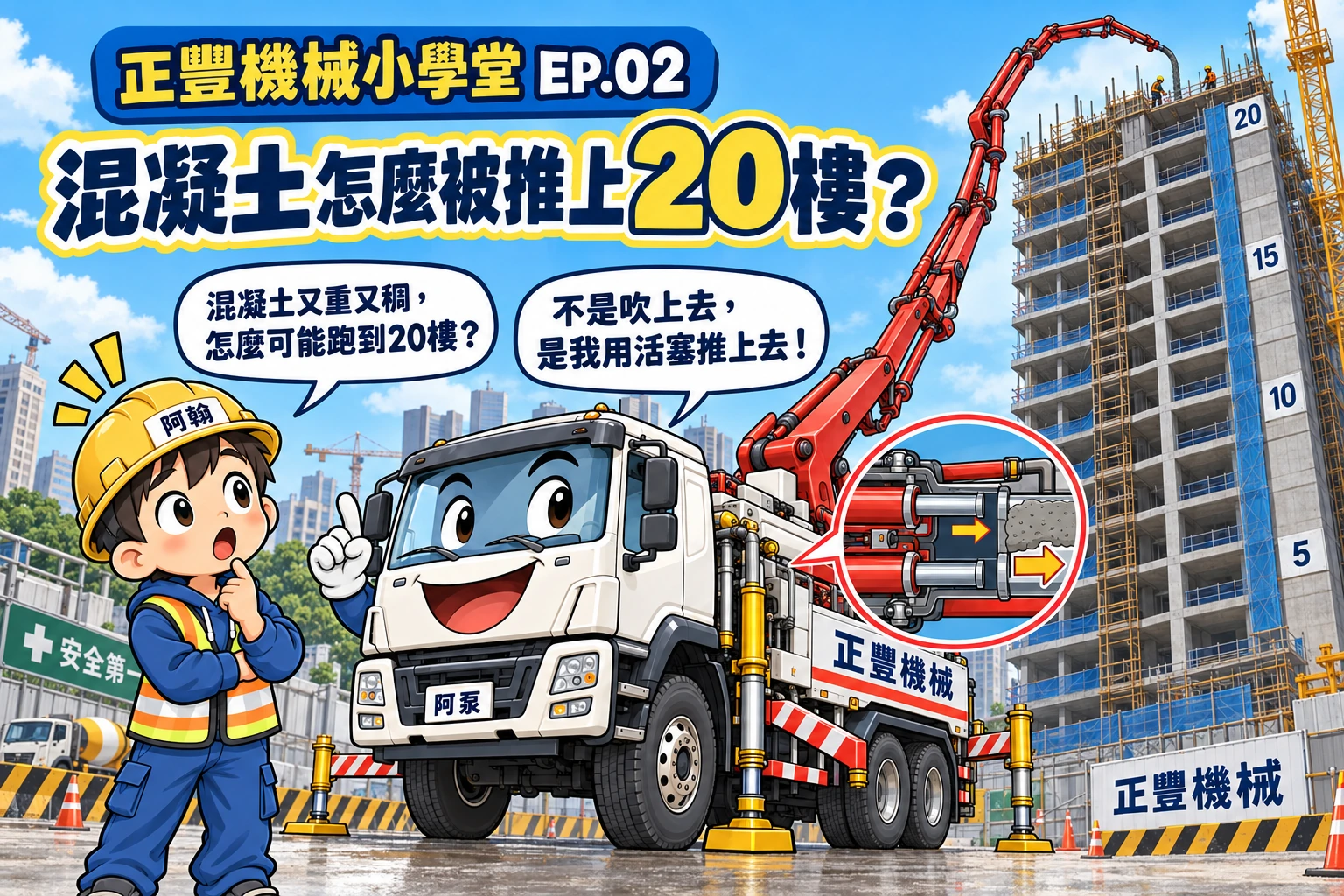 阿翰抬頭看二十層高樓，阿泵展示雙缸活塞將混凝土推送上樓的原理