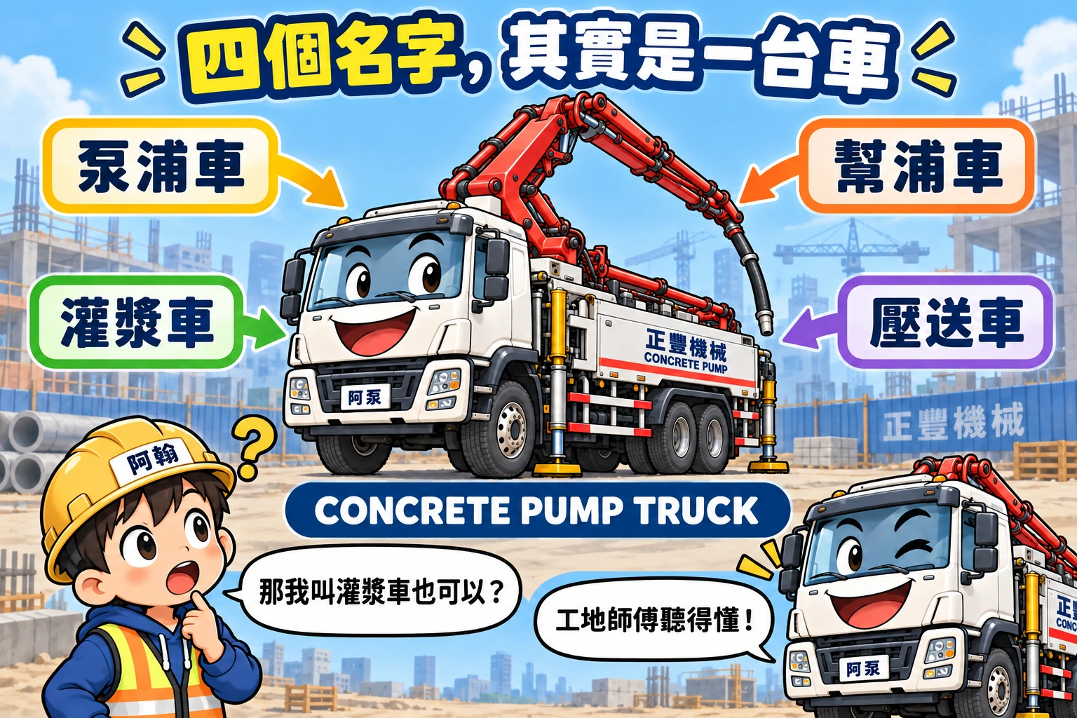 泵浦車、幫浦車、灌漿車、壓送車四個工地名稱都指向混凝土泵浦車