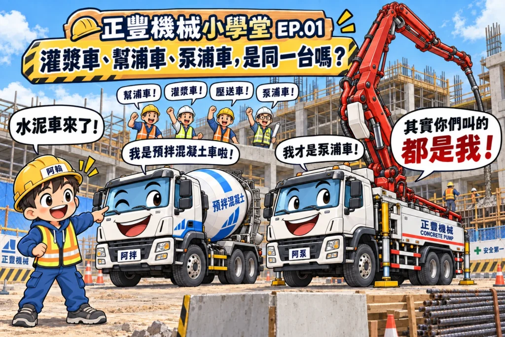 正豐機械小學堂角色阿翰、阿拌與阿泵解說灌漿車、幫浦車、泵浦車名稱