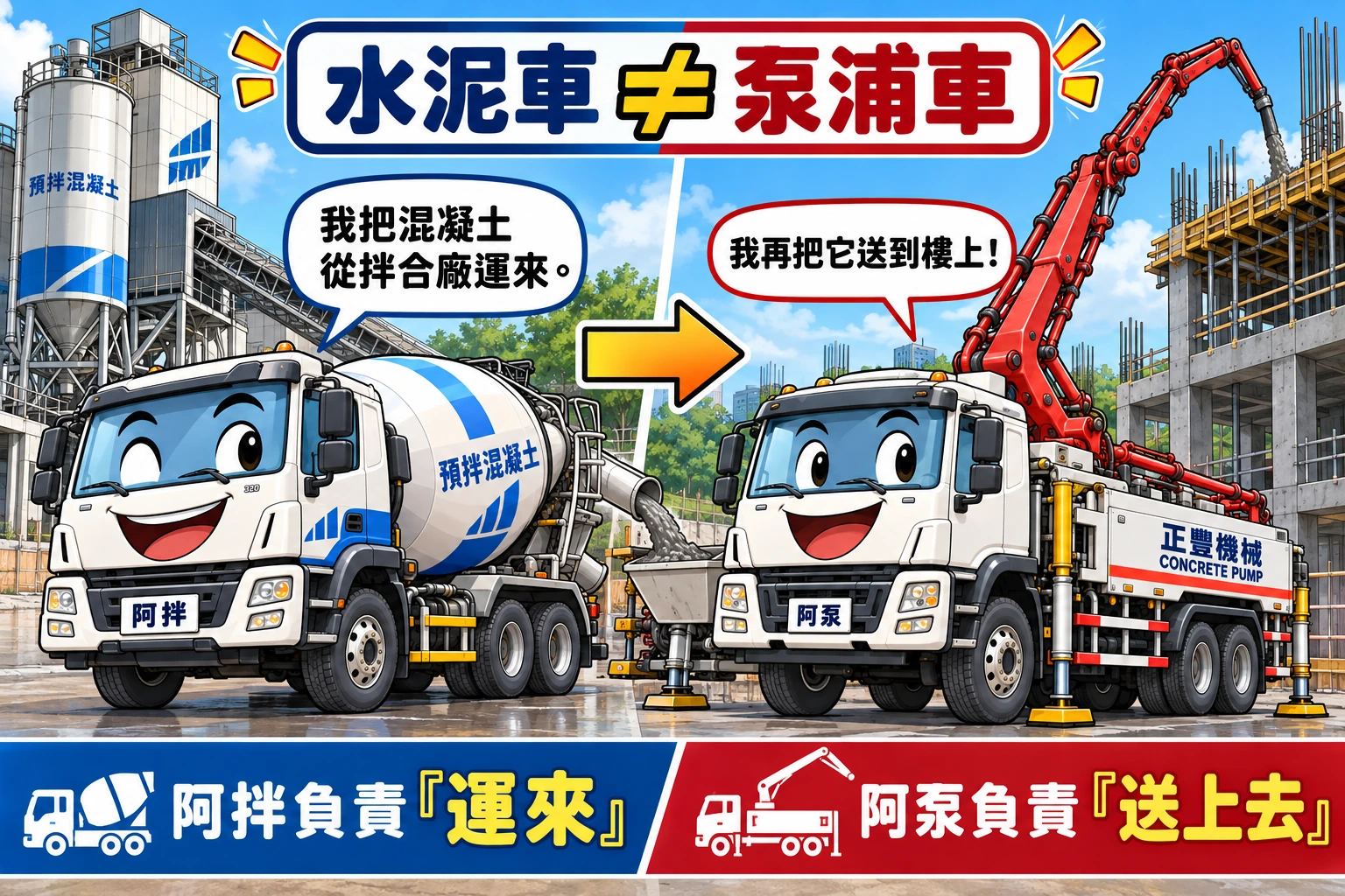 阿拌預拌混凝土車負責運來，阿泵混凝土泵浦車負責送上樓