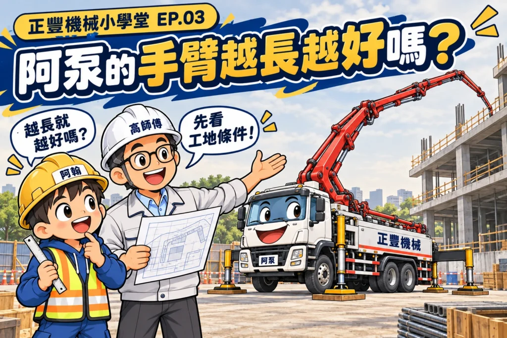 阿翰拿尺向高師傅詢問阿泵的手臂是否越長越好，高師傅以工地圖說明臂架選型要先看現場條件