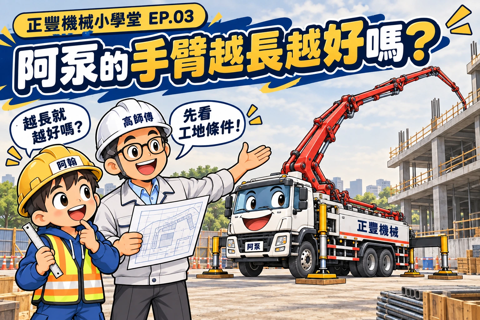 阿翰拿尺向高師傅詢問阿泵的手臂是否越長越好，高師傅以工地圖說明臂架選型要先看現場條件