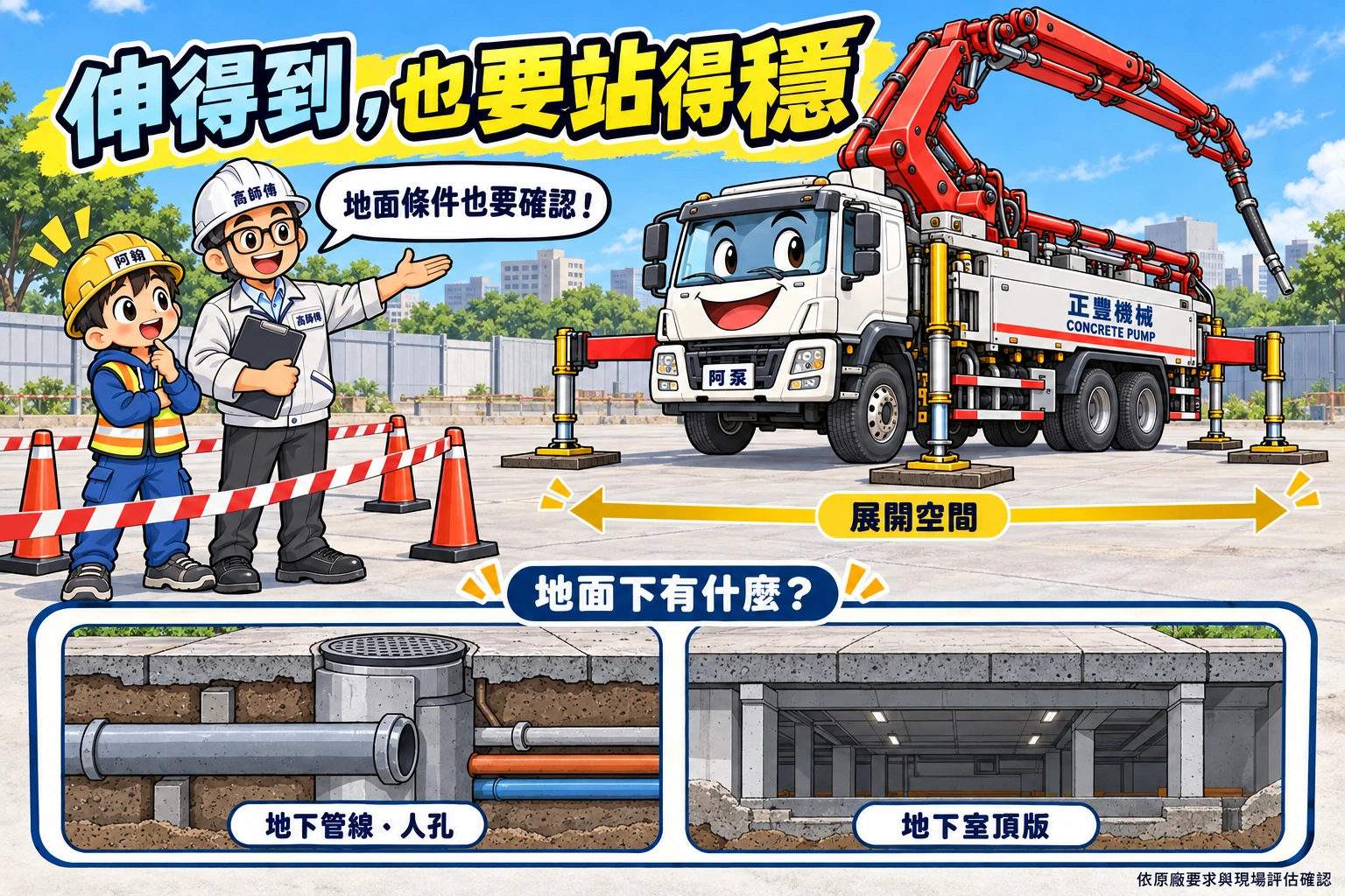 阿泵的支撐腳與墊板示意，搭配地下管線、人孔及地下室頂版小圖，阿翰與高師傅站在安全觀察區