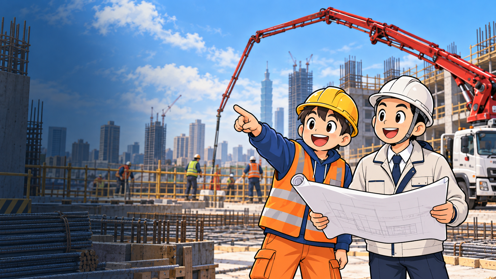 正豐機械小學堂工程師與技師在混凝土泵浦車施工現場討論泵送工程