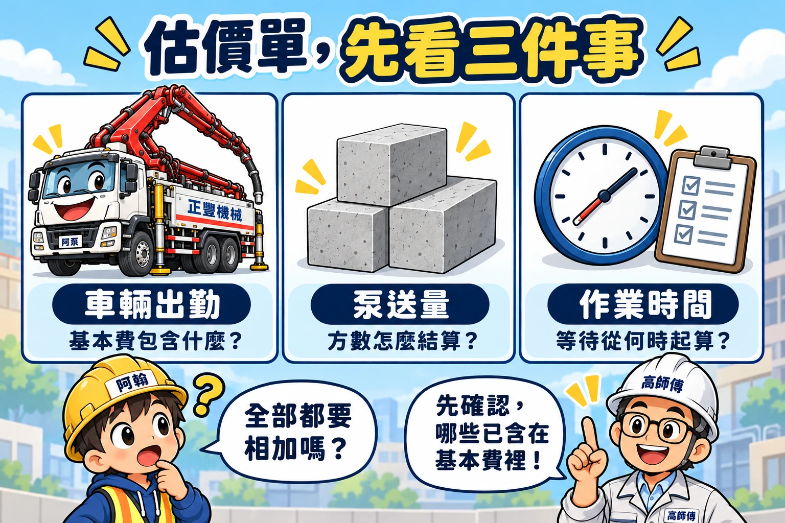 阿翰與高師傅把阿泵的估價單分成車輛出勤、泵送量與作業時間三張圖卡，提醒先確認基本費包含範圍
