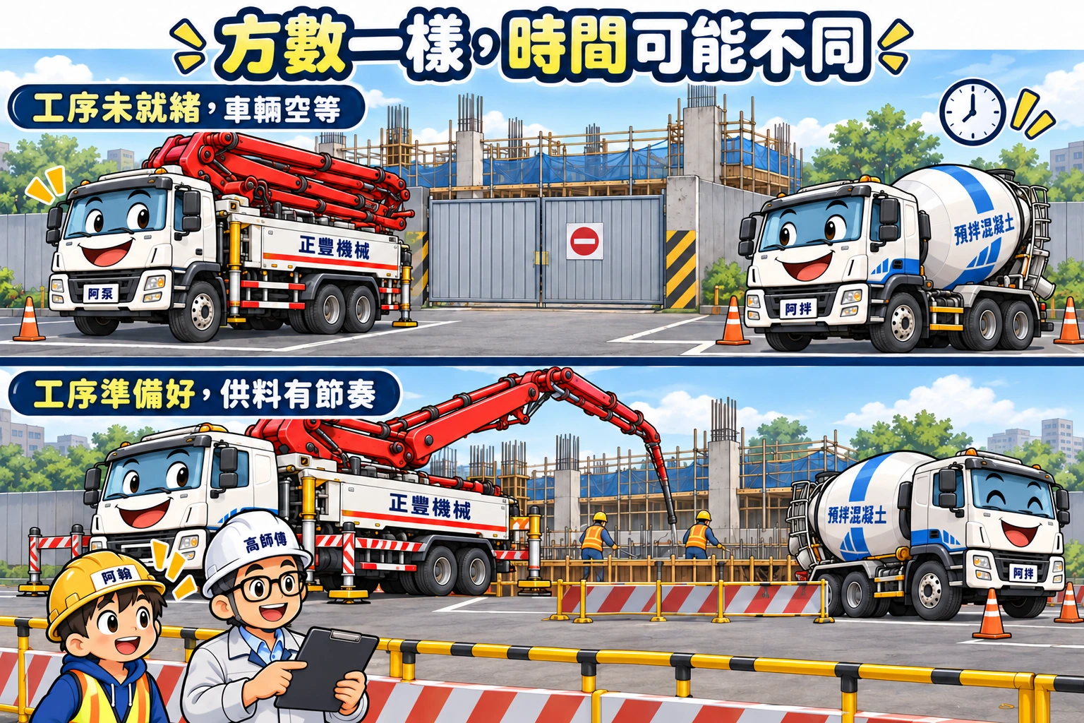 上下兩個情境比較阿泵空等與阿拌配合工序供料，高師傅提醒協調到場節奏並先確認等待計價方式