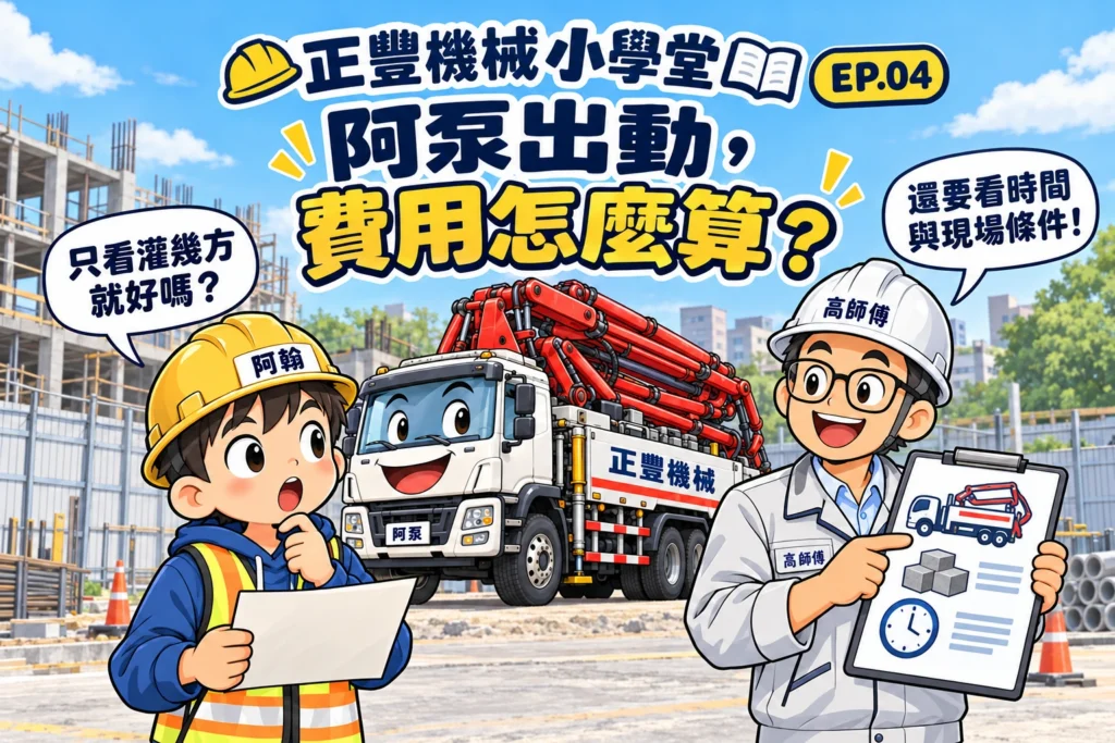 阿翰拿估價單向高師傅詢問阿泵出勤費用，阿泵以紅色折疊臂架與正豐機械車身出場，標題為阿泵出動費用怎麼算