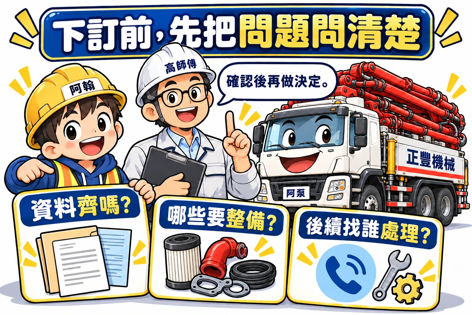 阿翰與高師傅在中古泵浦車展示區確認文件、整備需求與售後窗口，再評估是否下訂