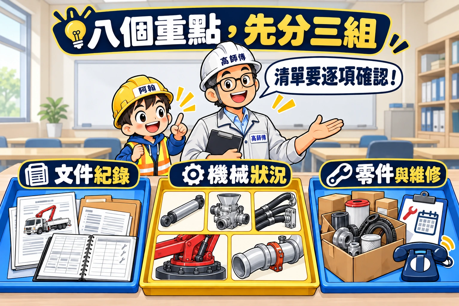 高師傅把中古車選購重點分為文件紀錄、機械狀況及零件與維修三組，阿翰在旁閱讀
