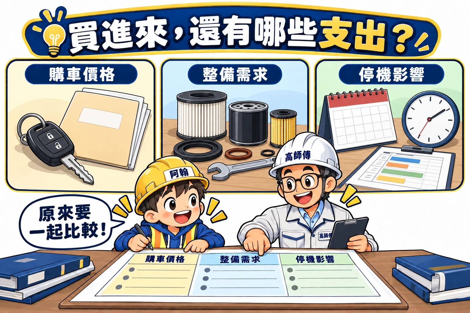 中古車持有評估圖把購車價格、整備需求與停機影響分開列出，沒有預設維修金額或等待天數