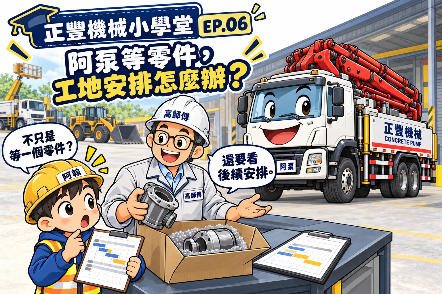 阿泵停在維修展示區，阿翰與高師傅用零件盒和行程板說明待料可能影響工地排程。