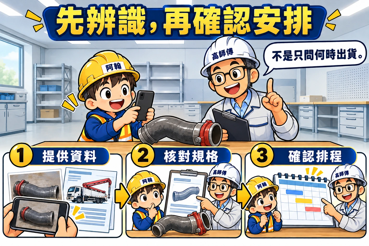 阿翰提供機型與零件資料，高師傅依序核對規格、供應與維修排程。