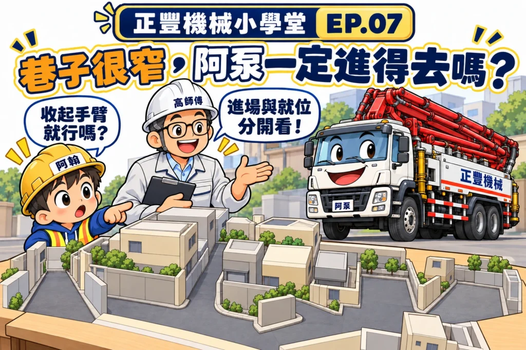 阿泵收合臂架停在模型巷口，阿翰與高師傅用場地圖區分進場道路與作業位置。
