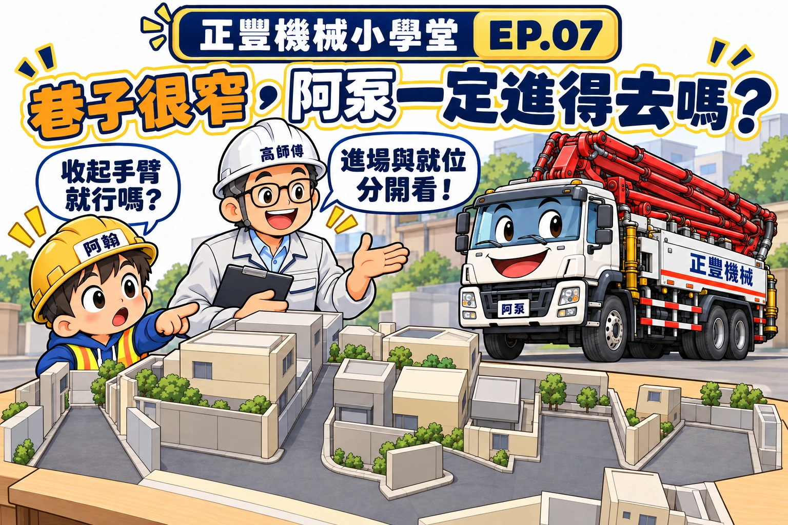 阿泵收合臂架停在模型巷口，阿翰與高師傅用場地圖區分進場道路與作業位置。