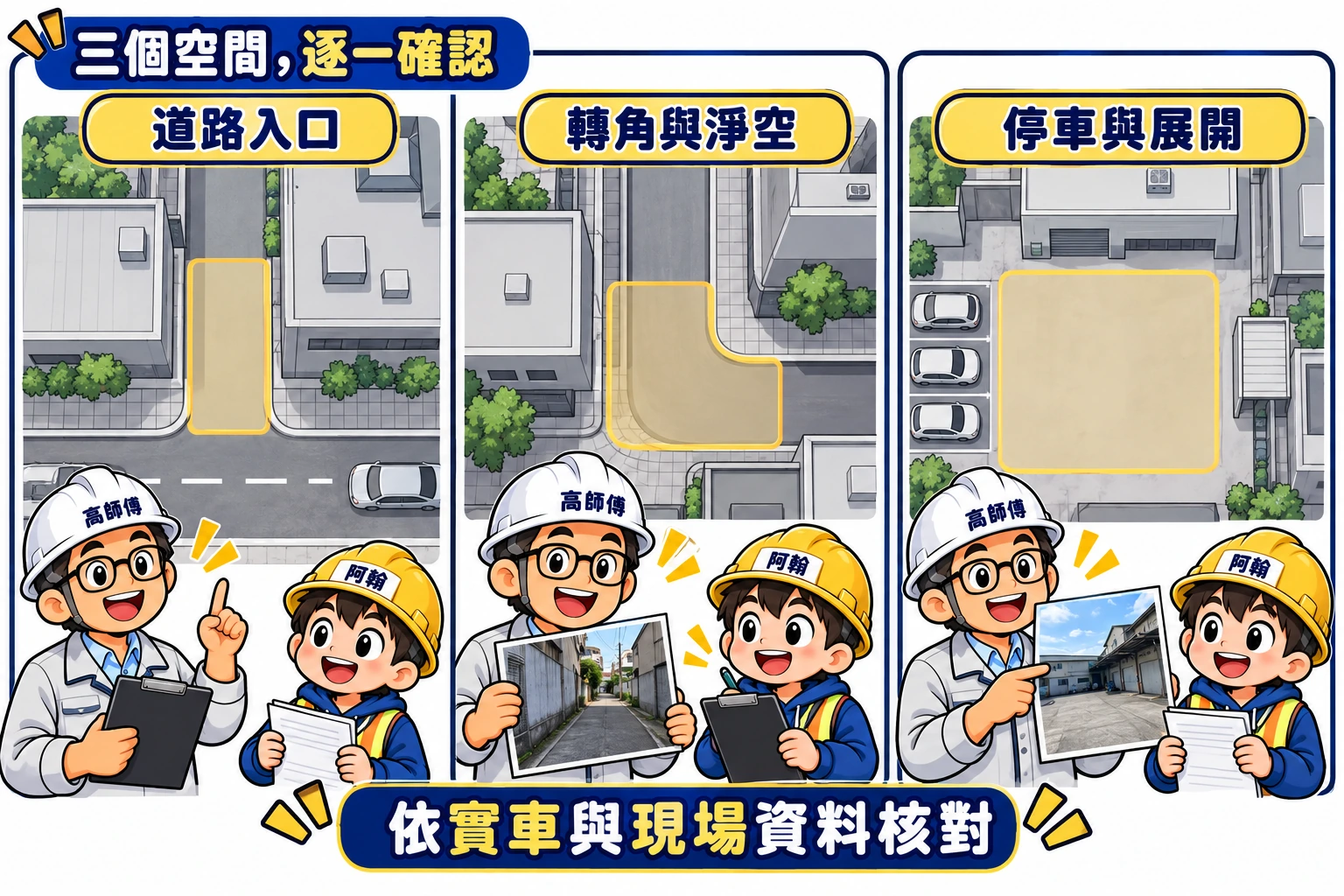 窄巷進場資料圖把道路入口、轉角淨空與停車展開區分成三個評估項目。
