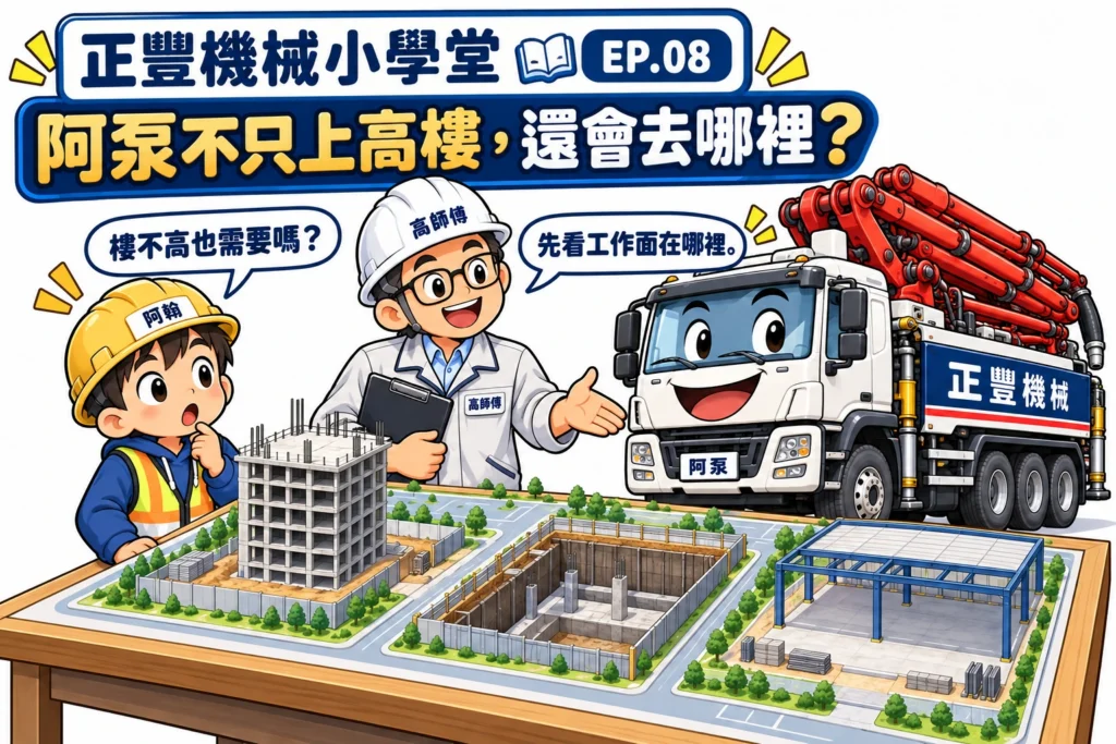 阿翰與高師傅用建築、地下工作面及地坪模型，說明阿泵的用途不只高樓施工。