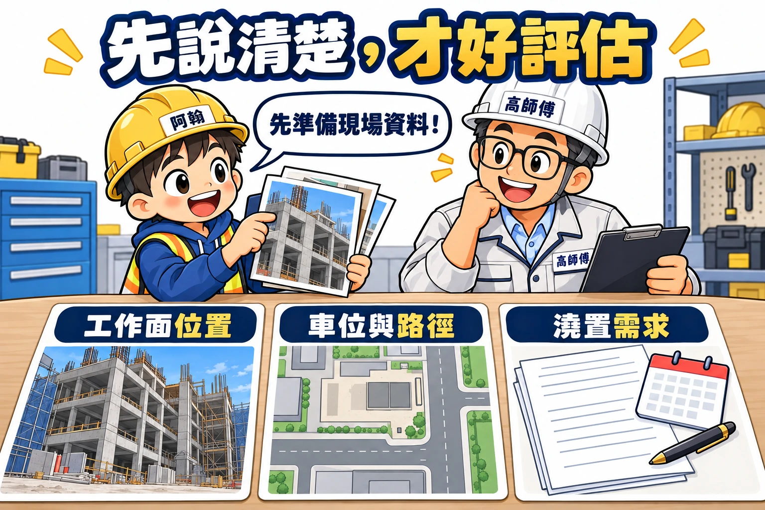 阿翰整理工作面、車位路徑及澆置需求三類資料,協助高師傅進行設備評估。
