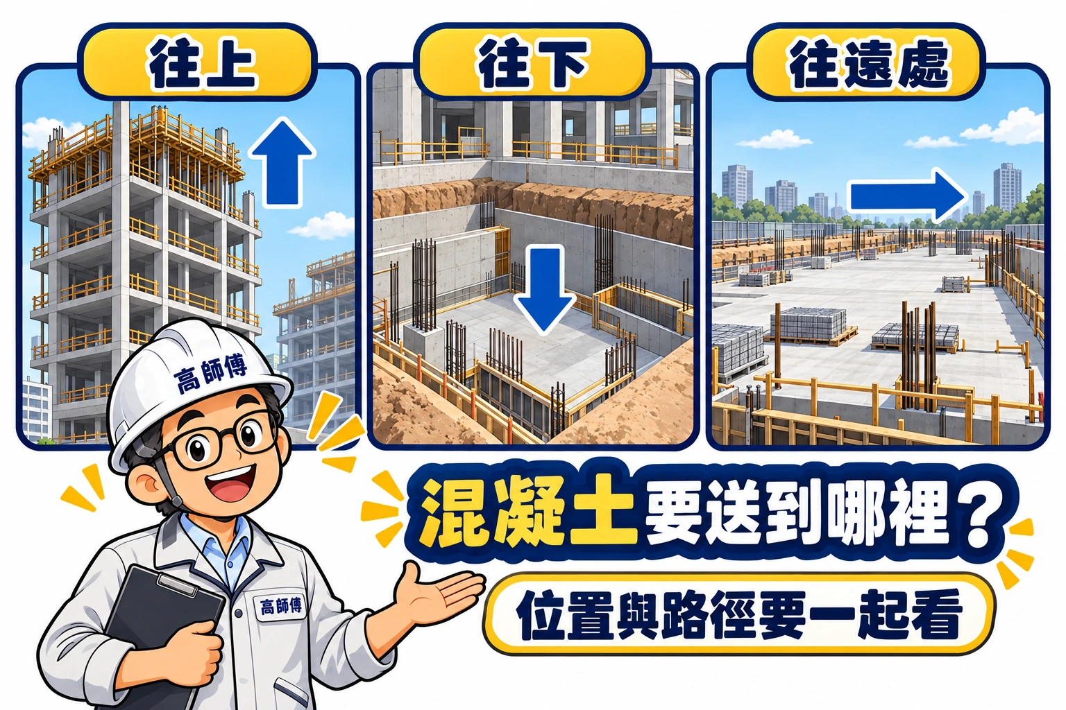三個分開場景以方向箭頭呈現上方、地下與遠處工作面,提醒輸送位置和路徑要一起評估。