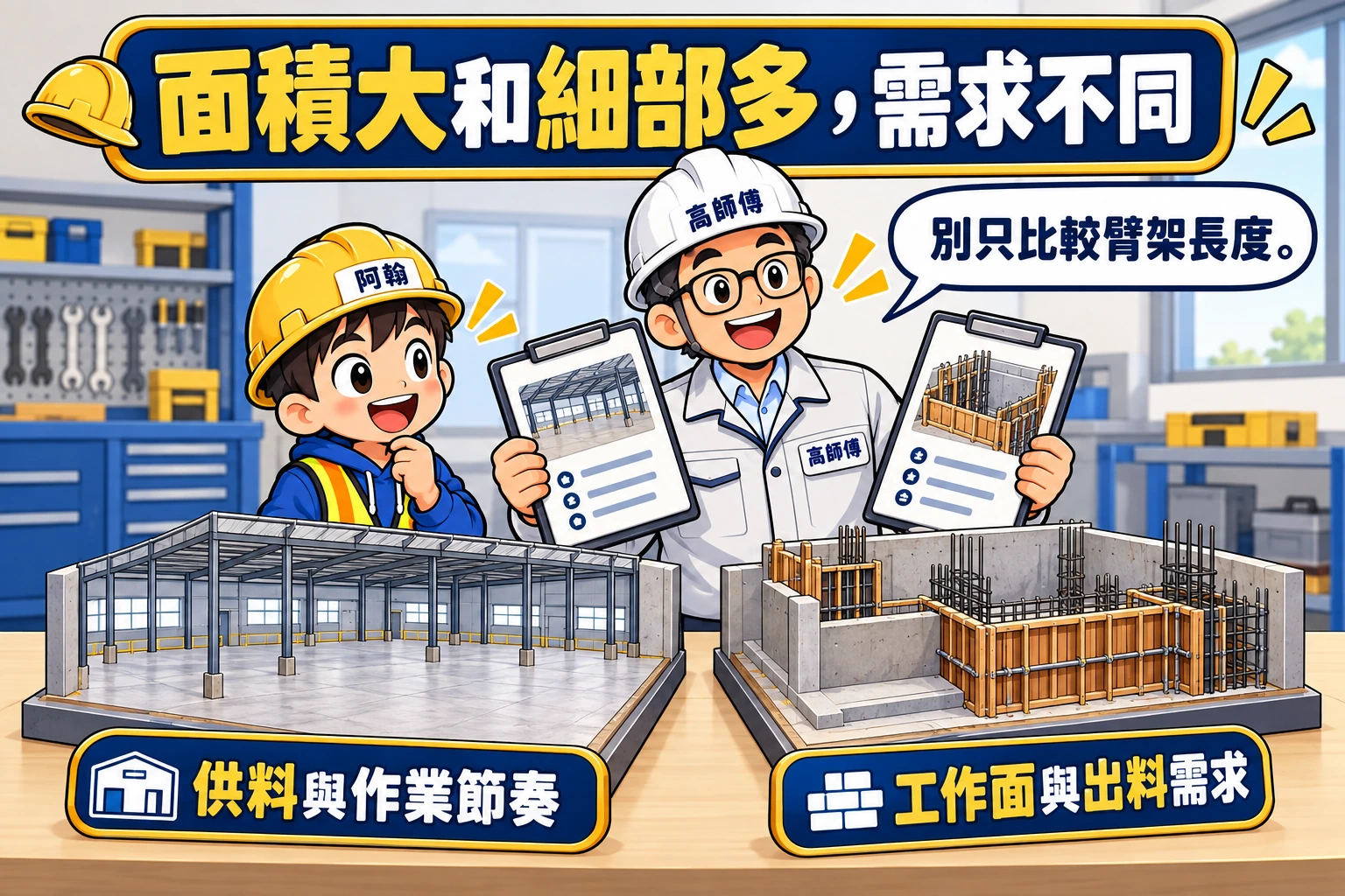 廠房地坪與細部工作面並列,高師傅說明應分別確認供料節奏與出料需求。