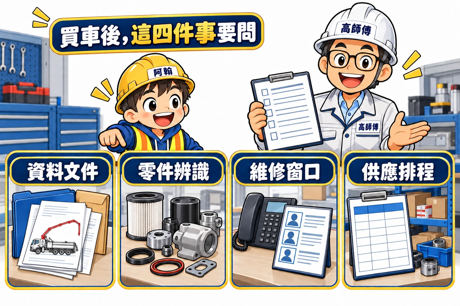 售後評估圖列出資料文件、零件辨識、維修窗口與供應排程四個問題。