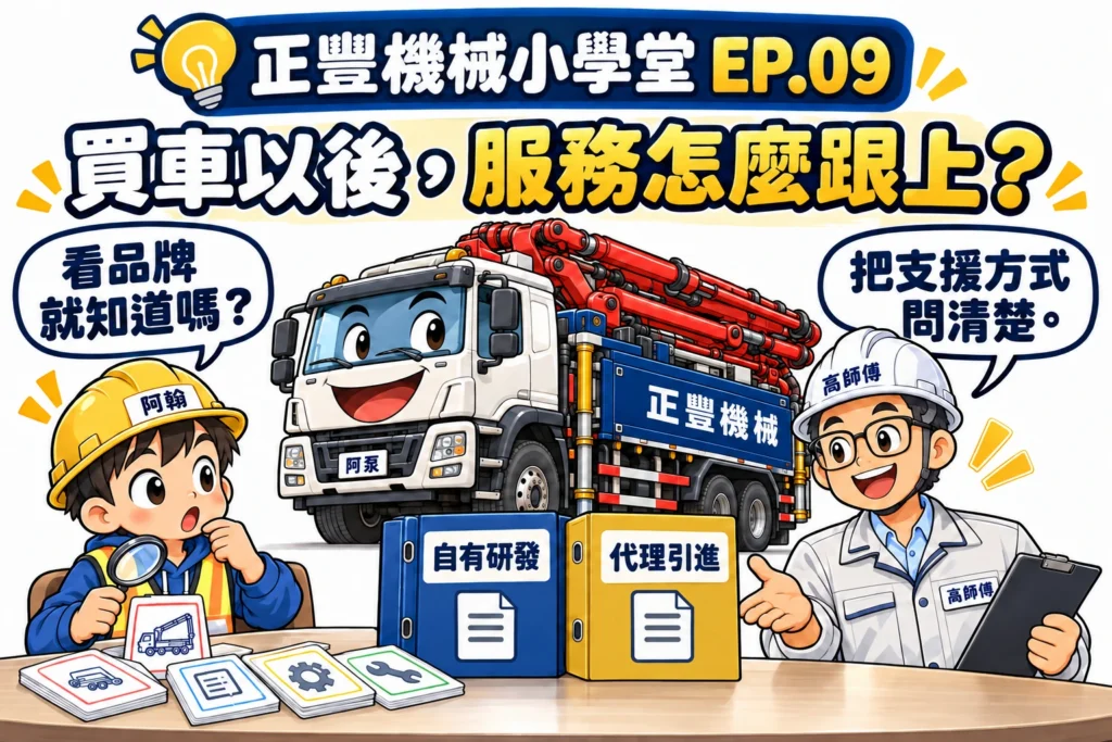 阿翰與高師傅在阿泵展示區討論自有研發與代理引進的售後資料，而非只按品牌判斷。